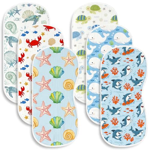 6 Pack Ocean Theme Baby Burp Cloths, 20x10 Contoured Burp Rags with Sea Turtle Whale & Shark Print, Ultra Absorbent Soft Shoulder Pads Nautical Newborn Registry Gift