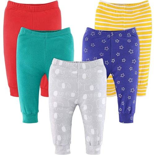 The Peanutshell Baby Pants for Boys and Girls, Newborn to 24 Months, Unisex 5 Pack, Elephant Brights