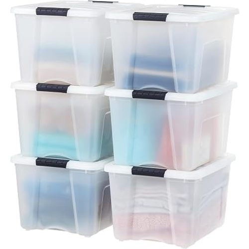 IRIS USA 40 Qt Stackable Plastic Storage Bins with Lids, 6 Pack - BPA-Free, Made in USA - Discreet Organizing Solution, Latches, Durable Nestable Containers, Secure Pull Handle - Pearl