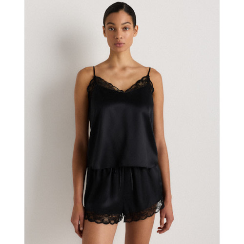 100% Washable Silk Satin Lace Cami Pajama Top in Black