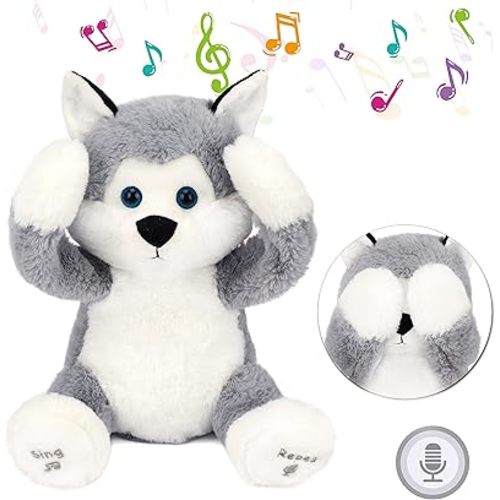 Hopearl Peek A Boo Husky Interactive Repeats What You Say Plush Dog Toy Musical Singing Talking Stuffed Animal Adorable Electric Animate Birthday Festival, Gray, 11.5''