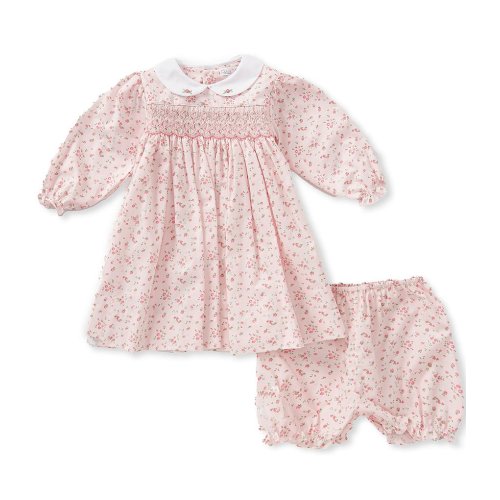 Petit Ami Baby Girls Long Sleeve Floral Print Corded Smocking Dress & Matching Bloomers Set