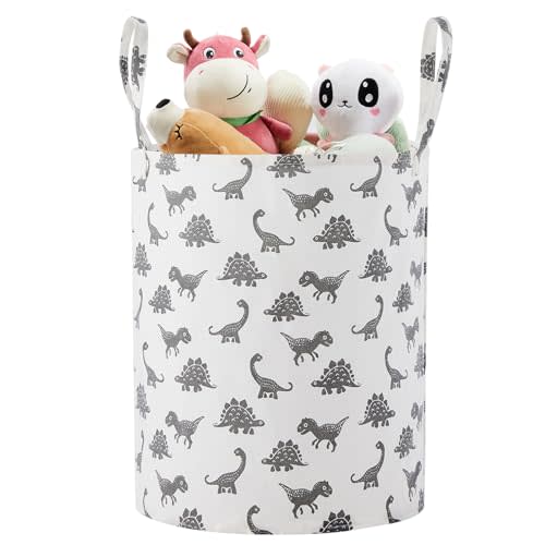 Large Storage Basket for Girls and Boys, Collapsible Laundry Hamper with Long Handles, Toy Bins for Nursery, Kids Room Décor (Grey Dinosaur)