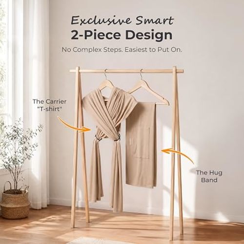 Momcozy Baby Wrap Carrier - Easy to Wear Infant Carrier Slings, Lightweight Hands Free Baby Sling, Adjustable Baby Wraps Carrier for Newborn to Toddler 8-35 lbs, Baby Travel Gear, Light Curry