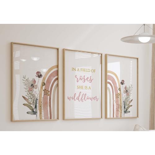 Boho Rainbow Wildflower Watercolor Prints, In A Field Of Roses Nursery Wall Art, Girl's Room Decor, Set of 3 Art Prints Shipped, 200