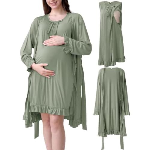 Ruffle Maternity Nursing Gown & Robe Set for Hospital Loungewear