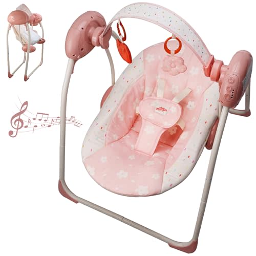 Baby Swings for Infants, Tiny Marvels Portable Swing with Adaptable Speed, Music, Removable-Toy-Bar, Foldable Infant Swing for Indoor and Outdoor Use, 0-9 Months 6-20 lbs(Blush Bloom)