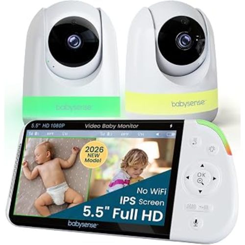 Babysense PRO Full HD 5.5" Split Screen Baby Monitor with 2 Cameras, 6-Color Night Light, White Noise, Sound & Light Machine, 20-Hour Battery, Hack-Proof Non-WiFi Secure Connection
