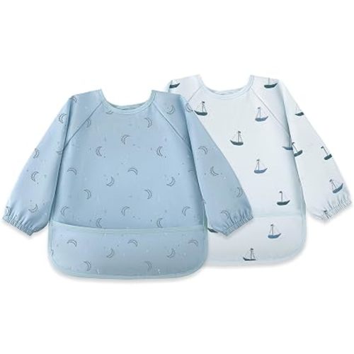 Susurration Baby Long Sleeve Bib Waterproof Sleeved Bib Smock for Baby | 2 Pack Baby Reusable Feeding bibs, 6-36 Months Baby Feeding Essentials- Brown Dinosaur