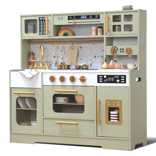 Wooden Play Kitchen with 15 Fun Accessories and Realistic Appliances Green | Interactive Coffee Maker, Microwave and Realistic Accessories Make This Wooden Kitchen a Birthday or Christmas Gift, Ages 3+