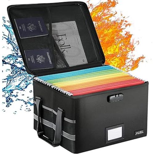 File Box with Lock, Fireproof Document File Organizer Box with Zipper & Adjustable Handle, Collapsible File Storage Box Home Office Safe Filing Cabinet for Hanging Letter/Legal Folder