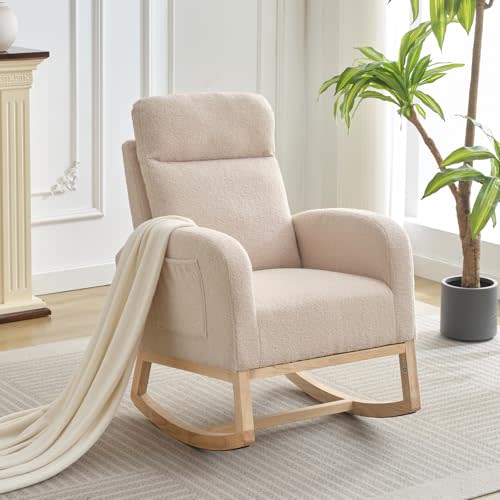 Garvee Teddy Fleece Nursery Rocking Chair,Upholstered Glider with 26" High Backrest, Padded Seat,Modern 300 Lbs Weight Capacity Accent Recliner for Living Room, Bedroom, Reading