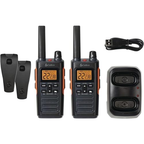 Cobra RX680 Walkie Talkies (2-Pack) - Rugged & Splashproof Two Way Radios Long Range, IP54 Water Resistant Design, 60 Pre-Programmed Channels, Weather Alerts, Included Charging Dock (Black/Orange)