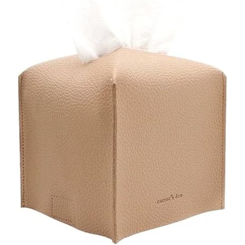 Tissue Box Cover Holder, Square with Bottom Belt by Carrot's Den - PU Leather Decorative Organizer for Tabletop, Bathroom, Car, Office | Beige