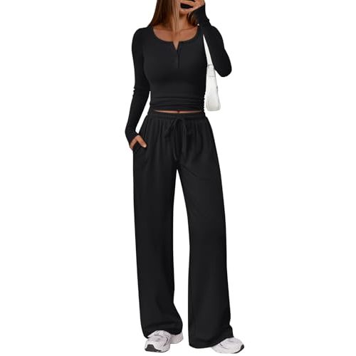 Trendy Queen Women's 2 Piece Matching Lounge Sets Long Sleeve Henley Neck Slightly Crop Top Wide Leg Pants Casual Sweat Suit