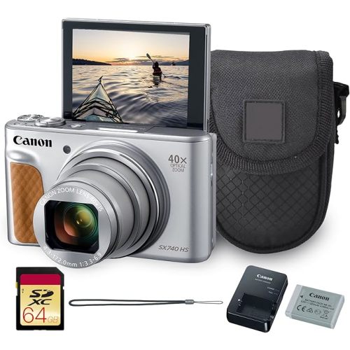 Canon PowerShot SX740 HS Digital Camera (Silver) – 20.3MP, 40x Optical Zoom, 4K UHD Video, Wi-Fi & Bluetooth, Compact Travel Point & Shoot (2956C001) + Bag + 64GB Memory Card