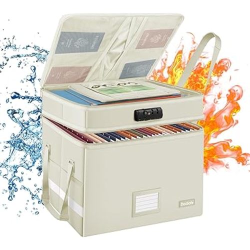 DocSafe File Box with Lock,Multi-Layer Fireproof Document Box Collapsible File Storage Organizer with Pockets/Handle,Large Portable Home Office Filing Box for Hanging Letter/Legal Size Folders,Beige