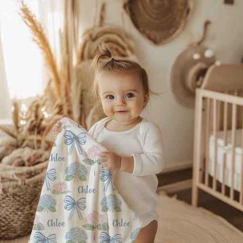 Blue Bows Personalized Swaddle Blanket, Grandmillenial Chic Pink and Blue Hydrangea Flowers, Birthday Christmas Gift, Infant, Toddler and Up