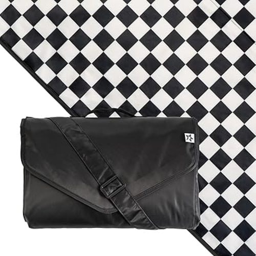 Tiny Twinkle Waterproof Picnic Blanket | 5'x7' 100% Recycled Polyester, Sandproof, Foldable & Portable for Beach, Camping, Travel（Black Checkers）