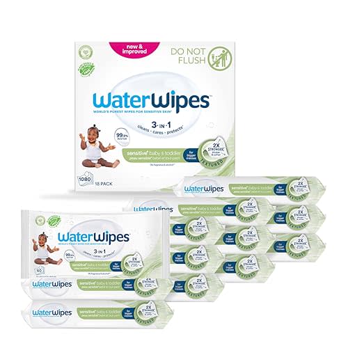 WaterWipes Sensitive+ Baby & Toddler Wipes, 3-In-1 Cleans, Cares, Protects, 99.9% Water, Textured Clean, Unscented & Hypoallergenic, 1080 Count (18 Packs)