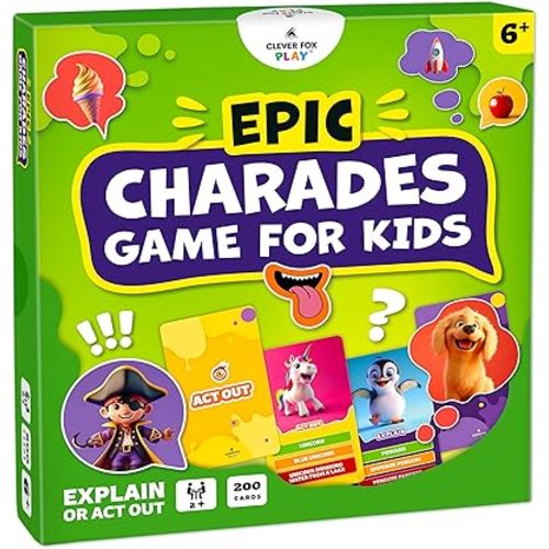Epic Charades Game for Kids Ages 6+ – 200 Act Out & Explain Cards with Illustrations & Timer – Fun Educational Game for Family, Party, Classroom & Travel