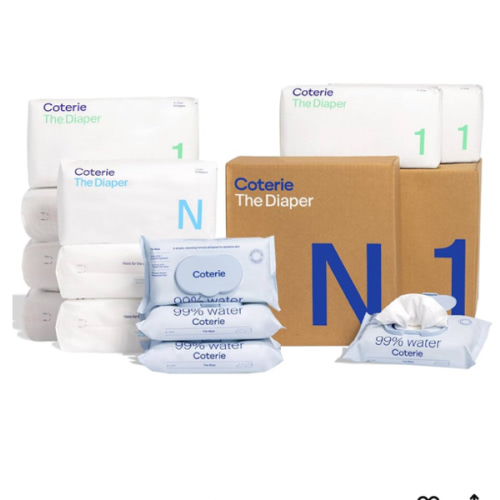 Coterie Baby Wipes + Diapers Kit, Size 1 (198 Count) & Size Newborn Diapers (93 Count), 4 Pack (224) Wipes with 99% Water, Plant Based Materials, Hypoallergenic for Sensitive Skin, Baby Essentials