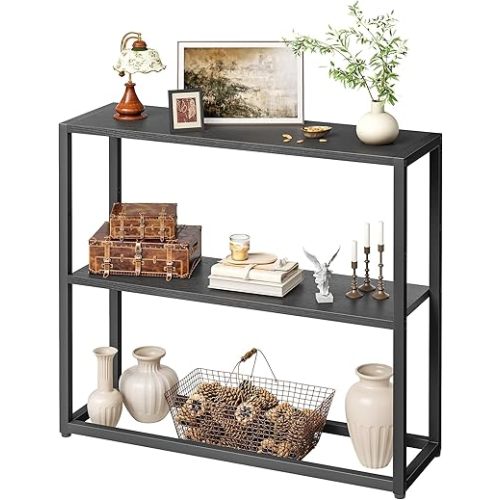 TIQLAB Small Entryway Table, 29.5" Narrow Console Table with Shelves, Sofa Table, Couch Table, Side Table, Entry Table for Hallway, Living Room, Small Space, Black