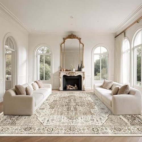 8x10 Washable Area Rug, Large Non Slip Rug, White/Brown