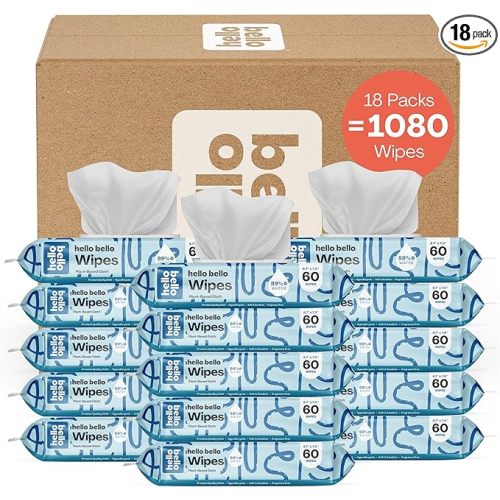 Hello Bello Extra Gentle Unscented Baby Wipes - Plant Based - Made with 99% Water and Aloe for Babies and Kids - 1080 Count - 60 Count (Pack of 18)