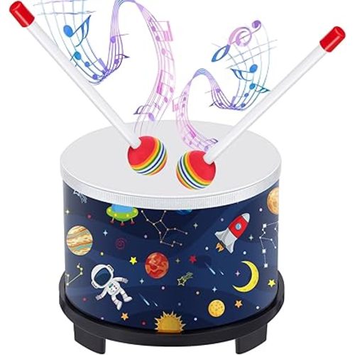 Boao Floor Tom Drum for Kids 8'' W x 6.5'' H Wooden Percussion Instrument Music Drum with 2 Rainbow Mallets Astronaut Educational Toys for Baby Children Toddler Boy Girl Birthday Gift