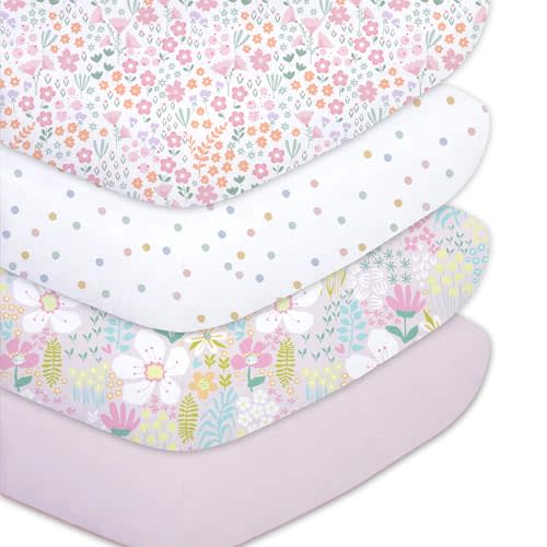 Little Grape Land Crib Sheets Baby Toddler Sheets 4 Pack Fitted for Boys Girls, Standard Size 28x52‘’ Crib Mattress, Super Soft Breathable Washable Microfiber (Floral/Blossom/Dots/Blush Pink)