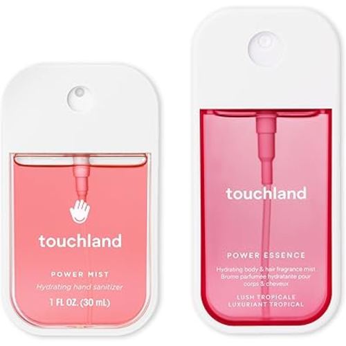Touchland JUICY ESCAPE Body and Hand Mist Essentials (Lush Tropicale Body & Hair Fragrance Mist, 2 FL. OZ. + Wild Watermelon Hydrating Hand Sanitizer Spray 1FL.OZ.), Travel Size Set