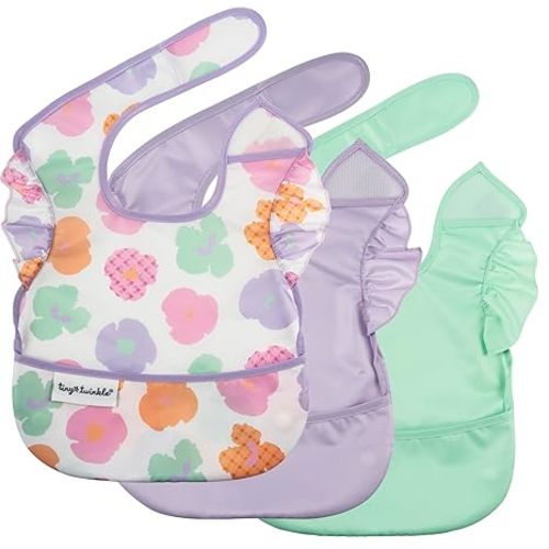 Tiny Twinkle Mess-Proof Baby Bibs for Eating | Waterproof, Wipeable Toddler Bibs with Catch-All Pocket | Feeding Bibs for Girls & Boys(3 Pack, Floral Pop)