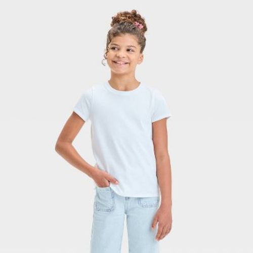 Girls' Short Sleeve Solid T-Shirt - Cat & Jack™ White M: Cotton Blend, Recycled Polyester, Lightweight Jersey, Crew Neck, Tagless