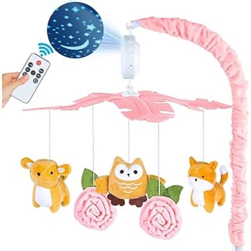 Baby Crib Mobile with Music and Lights, Mobile for Crib with Remote Control, Rotation, Starlight Projection, Crib Toys for Babies Boys Girls(Pink)