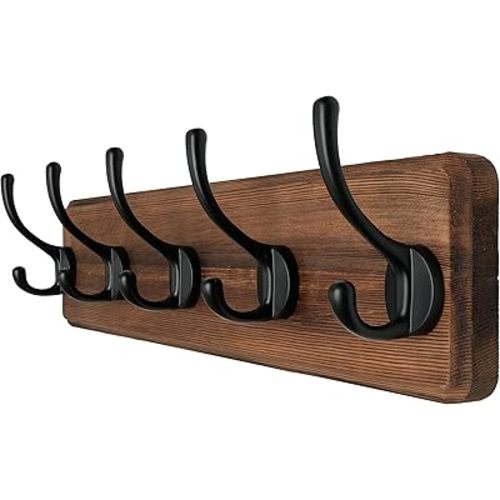Dseap Wall Mounted Coat Rack: Patented, Heavy-Duty, 17.4" Long 5-Double-Hooks Wooden Hanger Rail for Winter Coats, Hat, Jacket, Clothing - Natural & Black