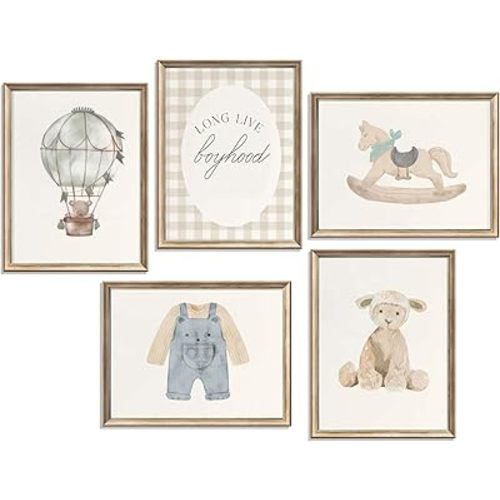 zxcvbn888 5Pcs Vintage Nursery Wall Art Vintage Blue Canvas Posters Bear Pictures Hot air balloon Toddler Art Prints Long Live Boyhood Wall Decor for Boy Nursery Baby Bedroom Kids Unframed