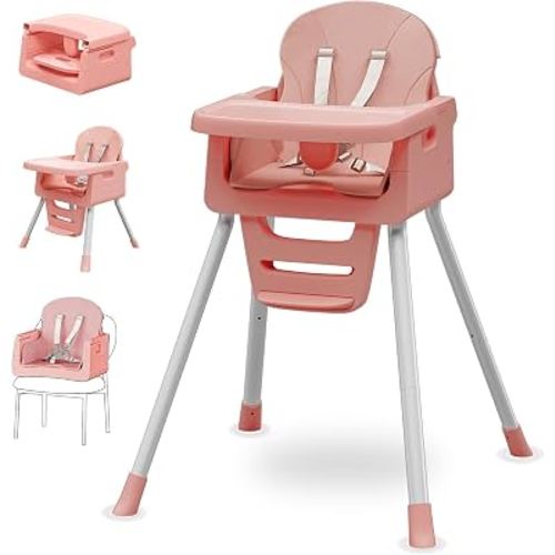 3-in-1 High Chair for Babies and Toddlers, Infant to Toddler Seating&Dining | Easy Clean Convertible Portable Dishwasher Tray 5-Point Harness Stable Non-Slip Feet Waterproof Seat Pad Pink