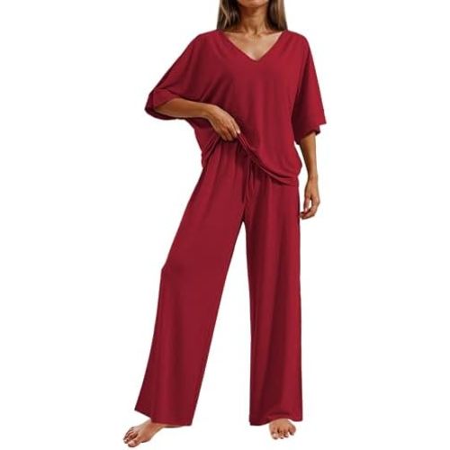 Ekouaer Pajama Sets Womens 2 Piece Short Sleeve Long Pants Pjs Lounge Set