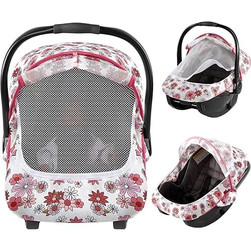 Baby Car Seat Cover, 2-in-1 Breathable Carseat Shade Protection & Mosquito Net, Dustproof Privacy Lightweight Canopy Covers for Infant Unisex, Mosquito net for Spring & Summer - Pink