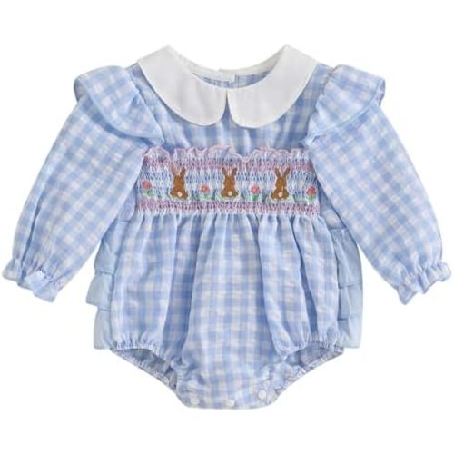 Adobabirl Infant Baby Girl Outfit Newborn Bow Bubble Romper Long Sleeve Embroidery Jumpsuit Cute Smocked Clothes