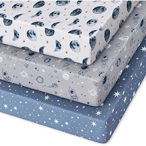 Unnivoll Pack and Play Sheets Fitted 3 Pack, Mini Crib Sheets for Pack N Play Mattress Stretchy Portable Playard Sheets, Soft Breathable Grey & Blue Moon