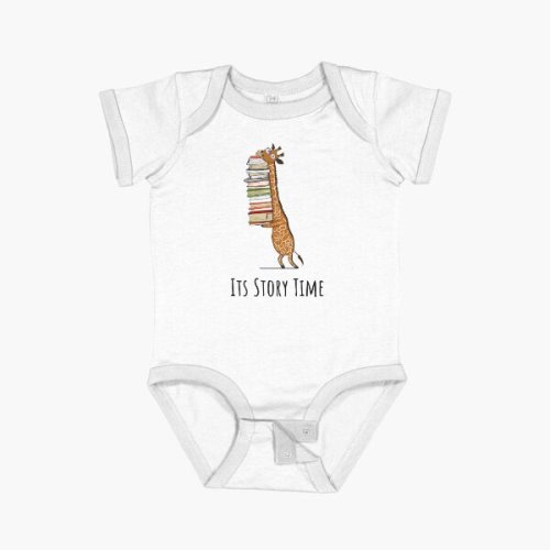 Funny Giraffe Holding a Stack of Books - It's Story Time - Book Lover Gift, Phones Cases And Other Gift Short Sleeve Baby One-Piece