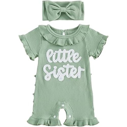 allshope Newborn Baby Girl Summer Outfit Romper Letter Embroidery Ruffle Trim Doll CollarJumpsuit Bodysuit Infant Clothes