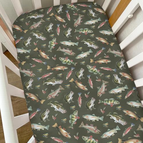 Neutral Fishing Baby Crib Sheets for Boys Vintage Bass Fishes Trout Soft Snug Fitted Crib Mattress Covers for 52''x28'' Standard Crib & Toddler Bed Mattress Outdoor Fishing Lovers Gift Baby Sheets