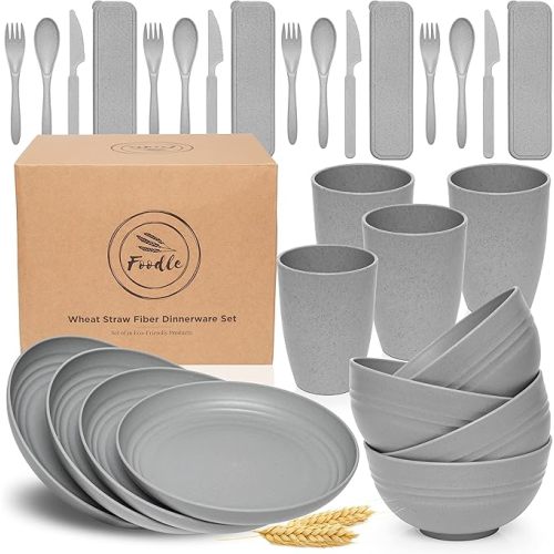 FOODLE Wheat Straw Dinnerware Set - BPA Free & Safety Tested - Microwave & Dishwasher Safe - Alternative to Plastic Dishes - Perfect for Outdoor, RV, Dorm - Camping Plates Cups and Bowls Set - For 4