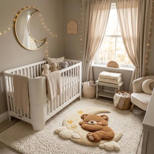 Sleeping Teddy Moon Rug | Hand Tufted Wool Nursery Carpet | Baby Room Decor Gift