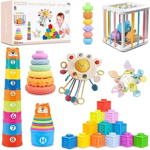 6 in1 Montessori Baby Toys 6-12 Months，Montessori Toy for Babies 6-12 Months，Incl 12pc Building Blocks &Silicone Pull String & Sensory Cube & Manhattan Ball& 2 Stacking Toys. Baby Development Toys