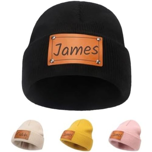 Custom Beanie Hats for Baby Boys Girls - Personalized Leather Patch Beanie with Name for Infants Toddlers Adults