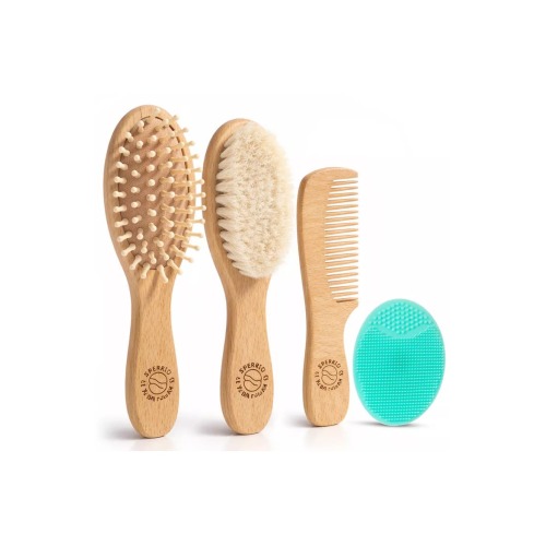 Wooden Baby Hair Brush with Soft Bristle and Comb Set, One Size